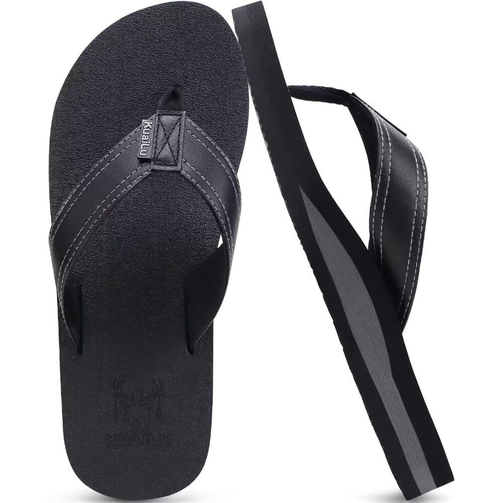 〽️Men's Flip Flop Sandal Black Leather Slip On Arch Support Comfort Shoes